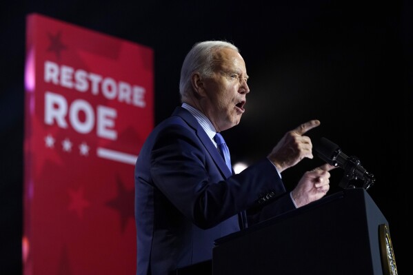 President Joe Biden speaks during an event on the campus of George Mason University in Manassas, Va. on Tuesday to campaign for abortion rights. (AP Photo/Susan Walsh)